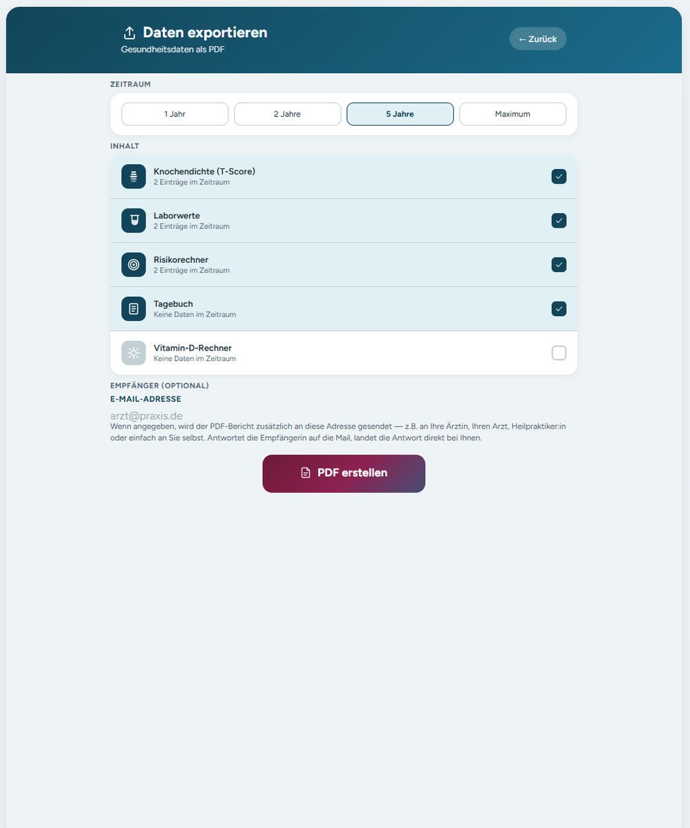 Daten-Export als PDF — Zeitraum und Inhalte wählen